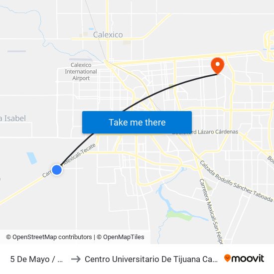 5 De Mayo / Primera to Centro Universitario De Tijuana Campus Mexicali map