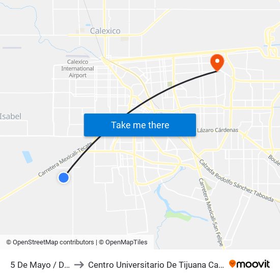 5 De Mayo / Doceava to Centro Universitario De Tijuana Campus Mexicali map