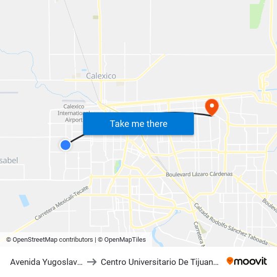 Avenida Yugoslavia / Uganda to Centro Universitario De Tijuana Campus Mexicali map