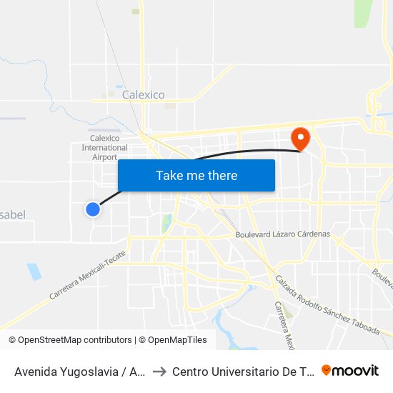 Avenida Yugoslavia / Avenida Jordania Norte to Centro Universitario De Tijuana Campus Mexicali map