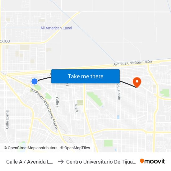 Calle A / Avenida Lerdo De Tejada to Centro Universitario De Tijuana Campus Mexicali map