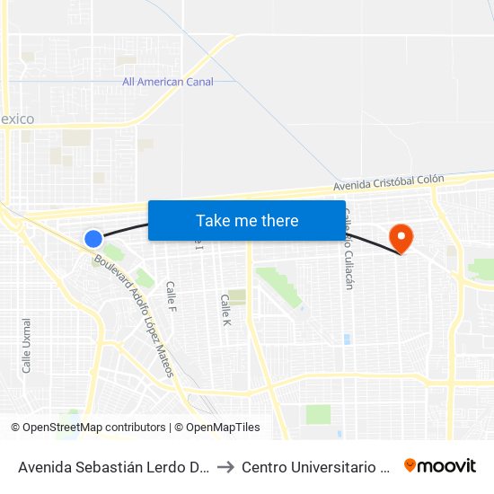 Avenida Sebastián Lerdo De Tejada / Pedro Pérez Y Ramírez to Centro Universitario De Tijuana Campus Mexicali map