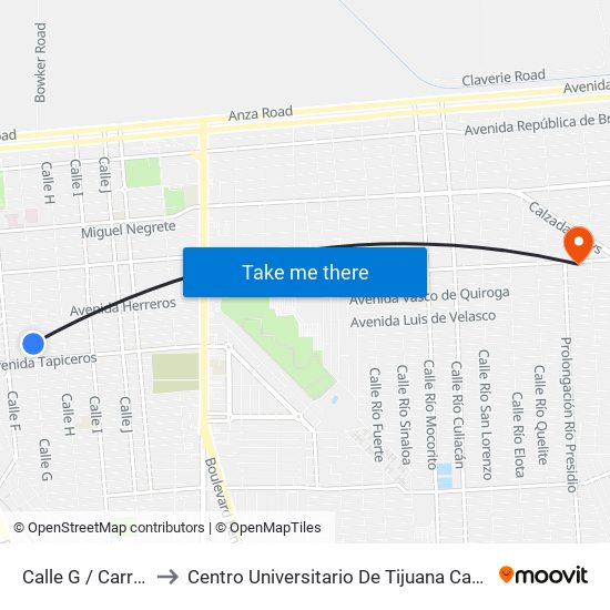 Calle G / Carroceros to Centro Universitario De Tijuana Campus Mexicali map