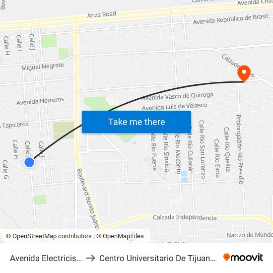 Avenida Electricistas / Calle I to Centro Universitario De Tijuana Campus Mexicali map