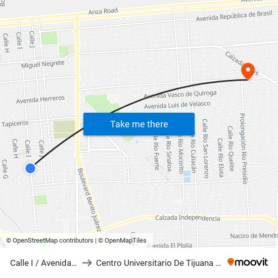 Calle I / Avenida Relojeros to Centro Universitario De Tijuana Campus Mexicali map