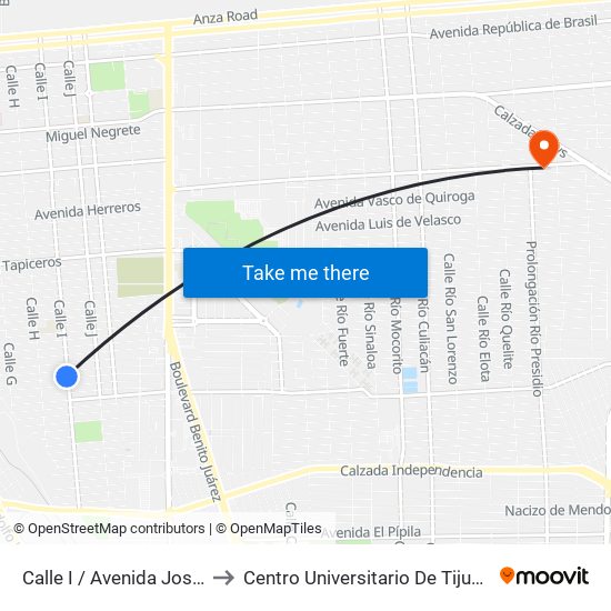 Calle I / Avenida José Sánchez Islas to Centro Universitario De Tijuana Campus Mexicali map
