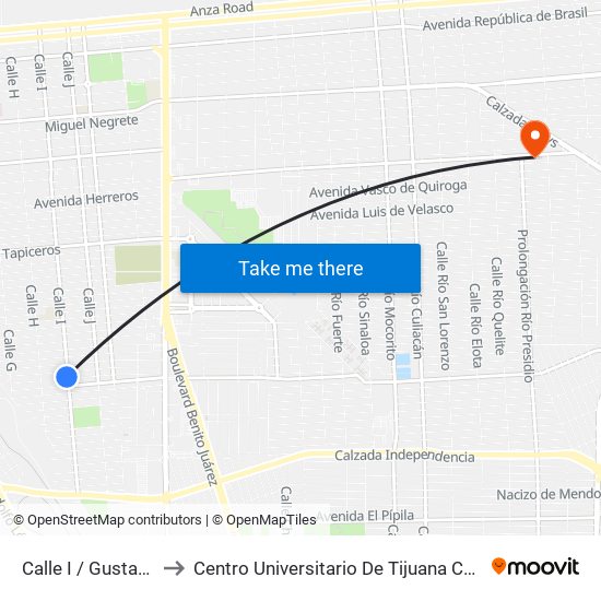 Calle I / Gustavo Otelo to Centro Universitario De Tijuana Campus Mexicali map