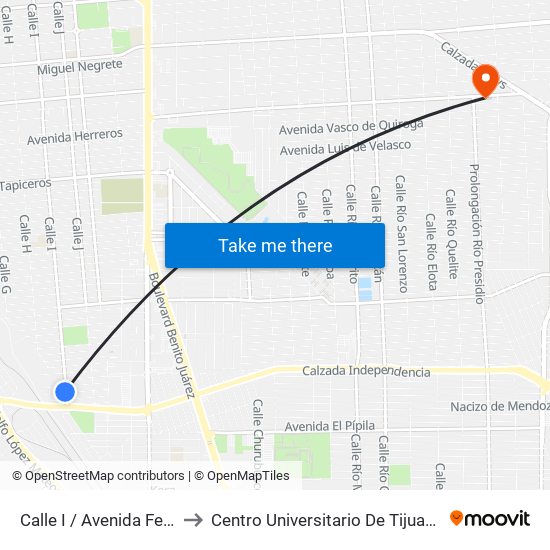 Calle I / Avenida Felipe Pescador to Centro Universitario De Tijuana Campus Mexicali map