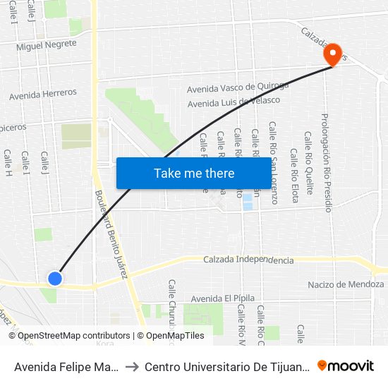 Avenida Felipe Martell / Calle J to Centro Universitario De Tijuana Campus Mexicali map
