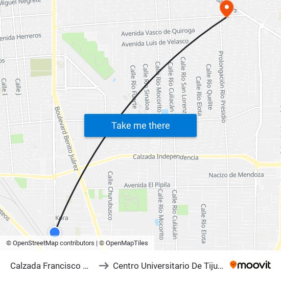Calzada Francisco Montejano / Olga to Centro Universitario De Tijuana Campus Mexicali map