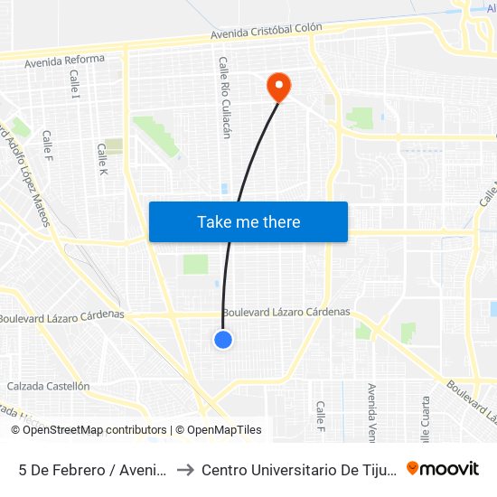 5 De Febrero / Avenida Ayuntamiento to Centro Universitario De Tijuana Campus Mexicali map