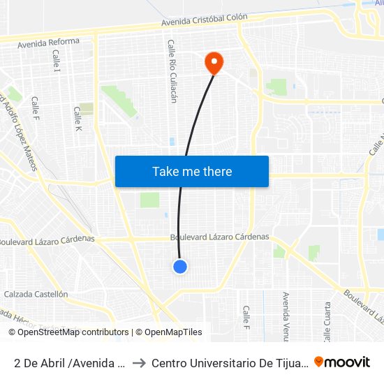 2 De Abril /Avenida Constituyentes to Centro Universitario De Tijuana Campus Mexicali map