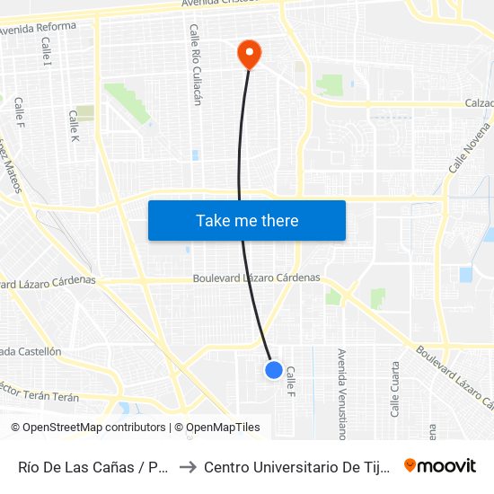 Río De Las Cañas / Presa Las Vírgenes to Centro Universitario De Tijuana Campus Mexicali map