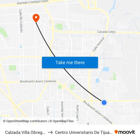 Calzada Villa Obregón / Río Congo to Centro Universitario De Tijuana Campus Mexicali map
