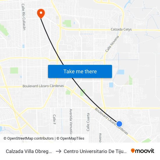 Calzada Villa Obregón / Villa Cortés to Centro Universitario De Tijuana Campus Mexicali map