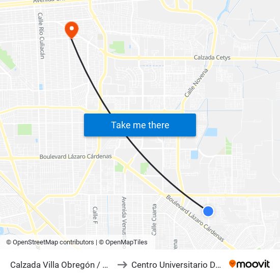 Calzada Villa Obregón / Villa De Moctezuma Poniente to Centro Universitario De Tijuana Campus Mexicali map