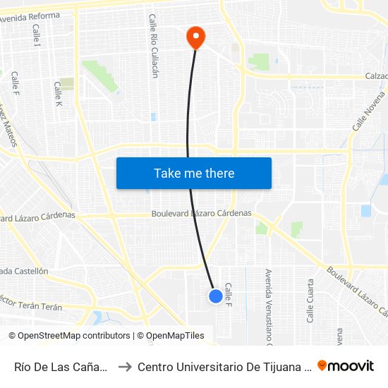 Río De Las Cañas / Calle 86 to Centro Universitario De Tijuana Campus Mexicali map