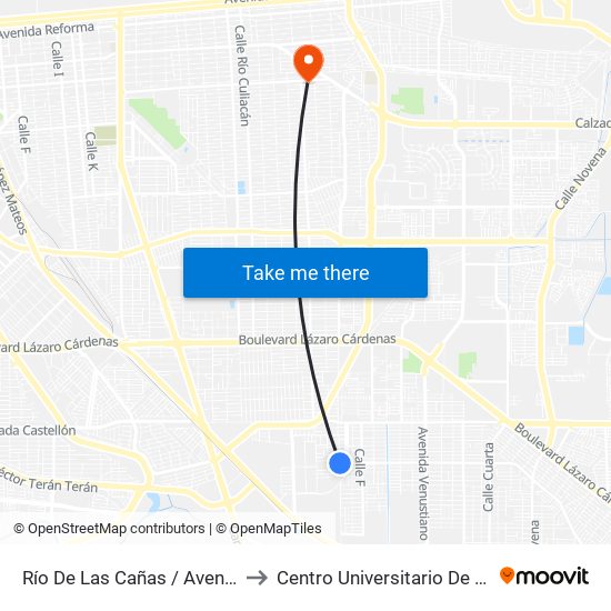 Río De Las Cañas / Avenida San Pedro Mezquital to Centro Universitario De Tijuana Campus Mexicali map
