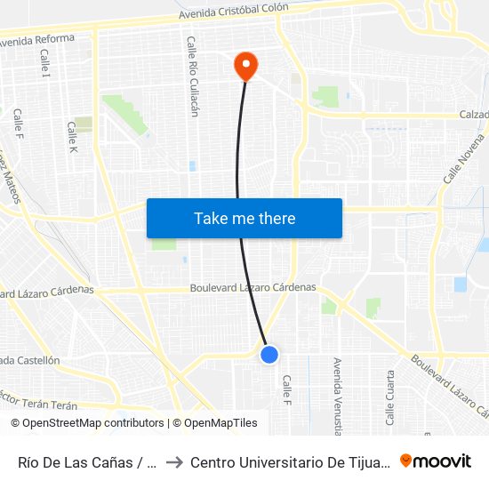 Río De Las Cañas / Río Santa Cruz to Centro Universitario De Tijuana Campus Mexicali map