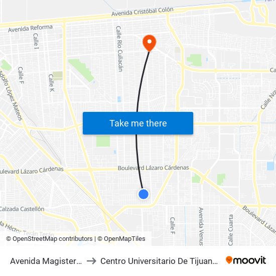 Avenida Magisterio / Tercera to Centro Universitario De Tijuana Campus Mexicali map