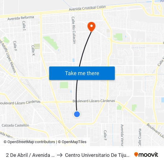 2 De Abril / Avenida Constituyentes to Centro Universitario De Tijuana Campus Mexicali map