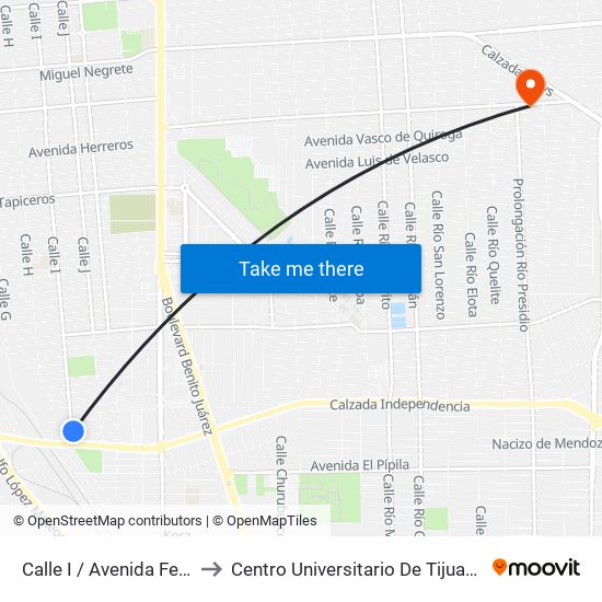 Calle I / Avenida Felipe Pescador to Centro Universitario De Tijuana Campus Mexicali map