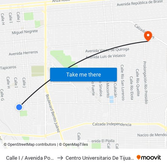 Calle I / Avenida Pompeyo Castillo to Centro Universitario De Tijuana Campus Mexicali map