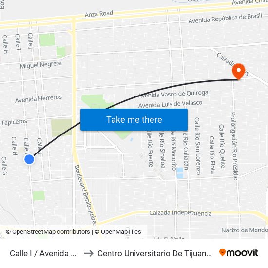 Calle I / Avenida Electricistas to Centro Universitario De Tijuana Campus Mexicali map