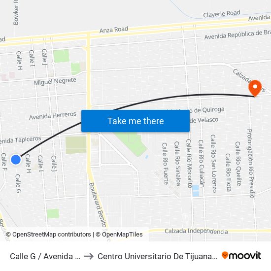 Calle G / Avenida Madereros to Centro Universitario De Tijuana Campus Mexicali map