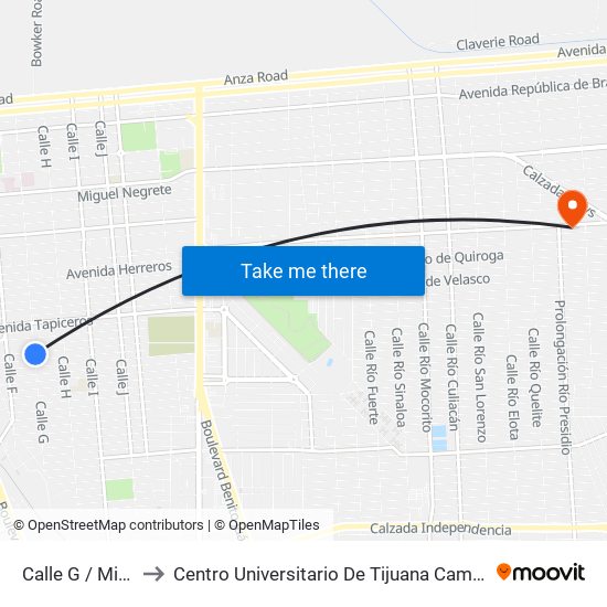 Calle G / Mineros to Centro Universitario De Tijuana Campus Mexicali map