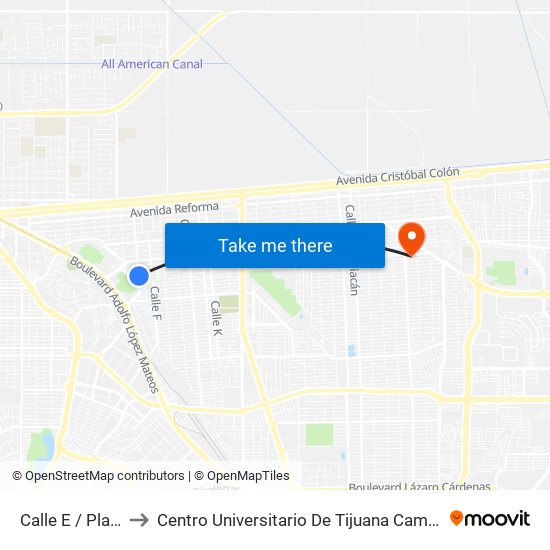 Calle E / Plateros to Centro Universitario De Tijuana Campus Mexicali map