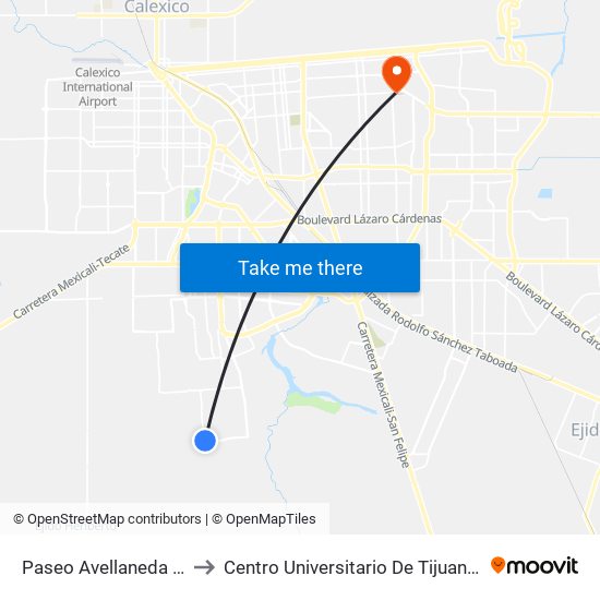 Paseo Avellaneda / Mirabueno to Centro Universitario De Tijuana Campus Mexicali map