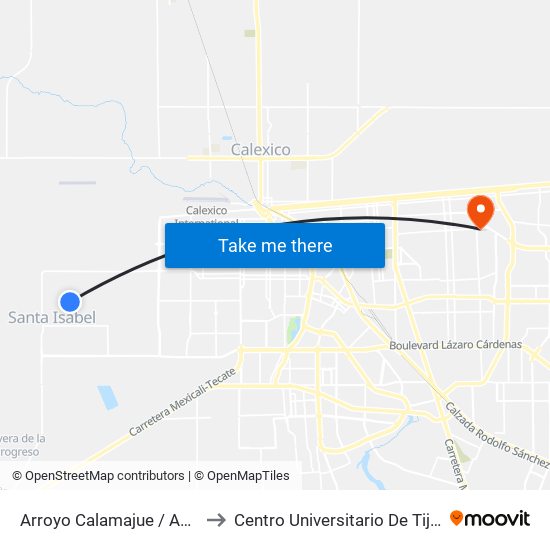 Arroyo Calamajue / Avenida El Portezuelo to Centro Universitario De Tijuana Campus Mexicali map