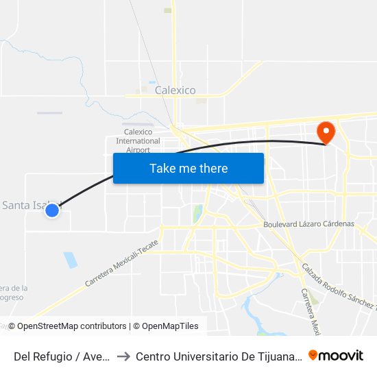 Del Refugio / Avenida Plutón to Centro Universitario De Tijuana Campus Mexicali map