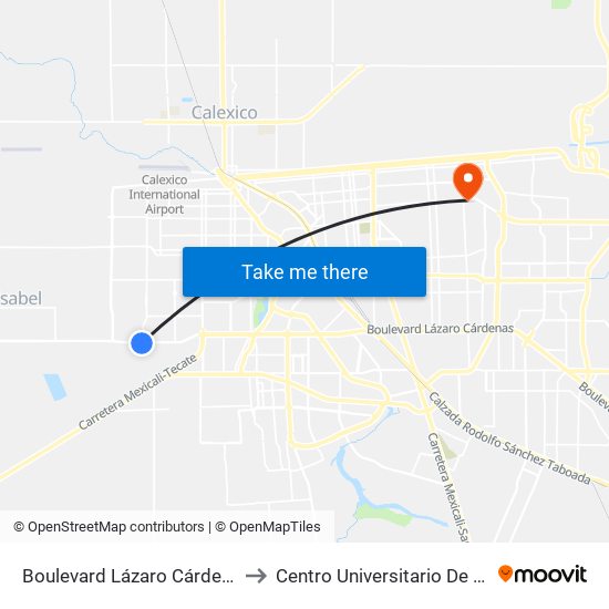 Boulevard Lázaro Cárdenas / Avenida Yugoslavia to Centro Universitario De Tijuana Campus Mexicali map