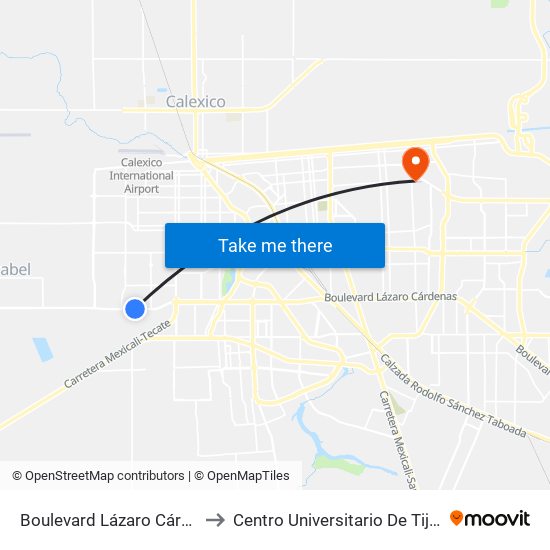 Boulevard Lázaro Cárdenas / Río Danubio to Centro Universitario De Tijuana Campus Mexicali map