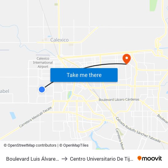 Boulevard Luis Álvarez / Jordania Norte to Centro Universitario De Tijuana Campus Mexicali map