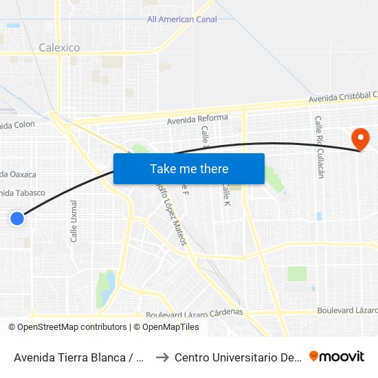 Avenida Tierra Blanca / Bahía De Todos Los Santos to Centro Universitario De Tijuana Campus Mexicali map