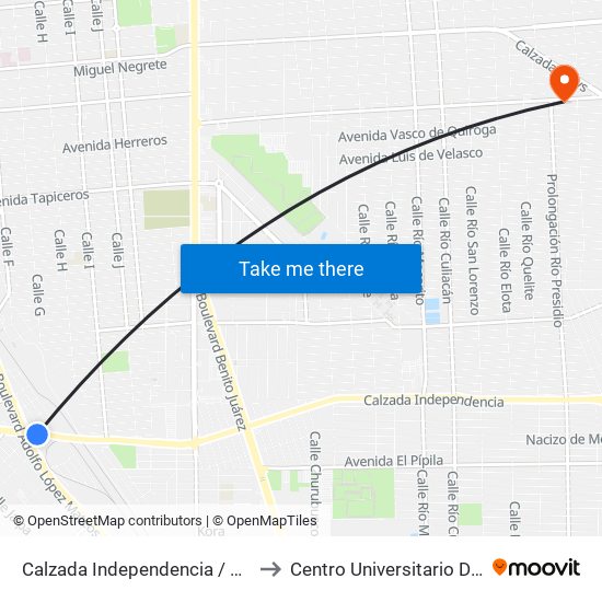 Calzada Independencia / Boulevard Adolfo López Mateos to Centro Universitario De Tijuana Campus Mexicali map