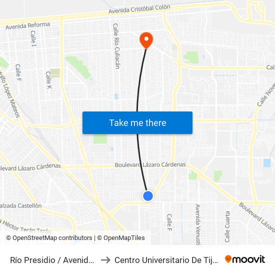 Río Presidio / Avenida Ejército Nacional to Centro Universitario De Tijuana Campus Mexicali map