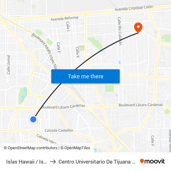 Islas Hawaii / Isla Cedros to Centro Universitario De Tijuana Campus Mexicali map