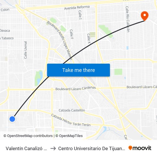 Valentín Canalizó / Federación to Centro Universitario De Tijuana Campus Mexicali map