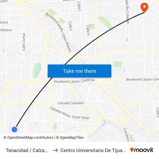 Tenacidad / Calzada Del Castillo to Centro Universitario De Tijuana Campus Mexicali map