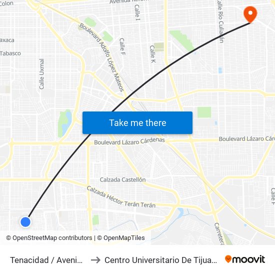 Tenacidad / Avenida Estabilidad to Centro Universitario De Tijuana Campus Mexicali map