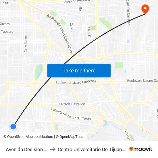 Avenida Decisión / Seguridad to Centro Universitario De Tijuana Campus Mexicali map