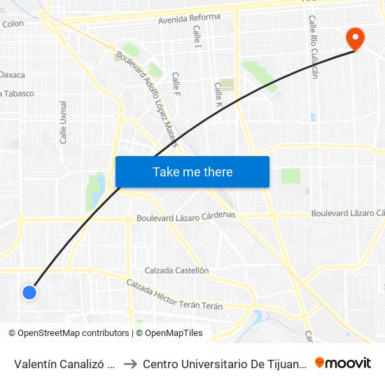 Valentín Canalizó / Federación to Centro Universitario De Tijuana Campus Mexicali map