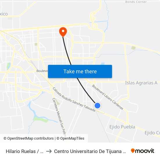 Hilario Ruelas / Treceava to Centro Universitario De Tijuana Campus Mexicali map