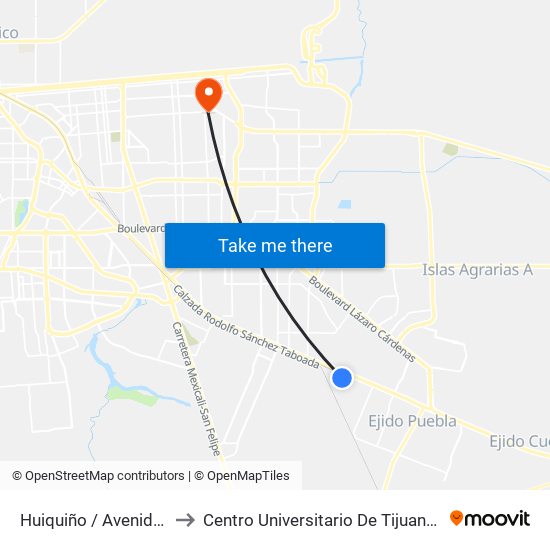 Huiquiño / Avenida Acamayas to Centro Universitario De Tijuana Campus Mexicali map