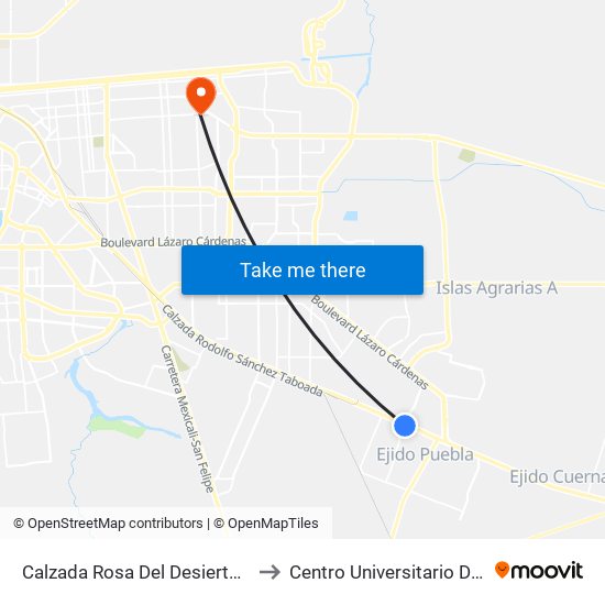 Calzada Rosa Del Desierto / Boulevard Sánchez Taboada to Centro Universitario De Tijuana Campus Mexicali map