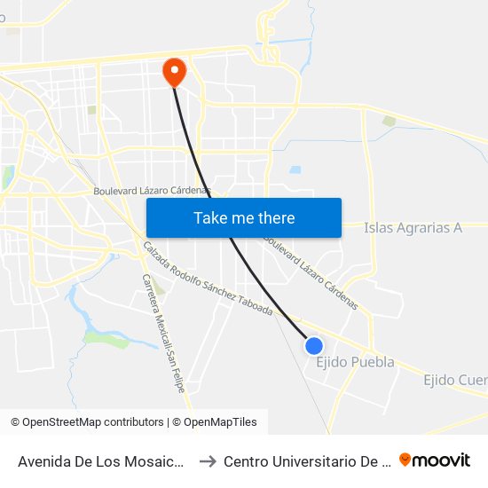 Avenida De Los Mosaicos / Avenida Río San Ángel to Centro Universitario De Tijuana Campus Mexicali map